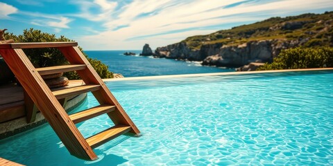 Obraz premium A wooden ladder leads into a sparkling swimming pool overlooking a scenic coastline with rocky cliffs and a vast blue ocean