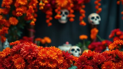 A vibrant display of marigolds in warm tones, with a faint glimpse of sugar skulls in the background, creating an atmosphere of celebration and remembrance.
