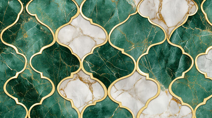 Decorative green and white marble tile with golden accents in intricate pattern