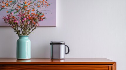 Spring Flowers  Modern Pitcher  Wooden Table  Home Decor