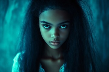 Naklejka premium Attractive calm black girl - for ads, poster and internet marketing use. Commercial ad campaign creative. Long hairdo - gorgeous bush hair. Chic african fashion photography. Model concept.