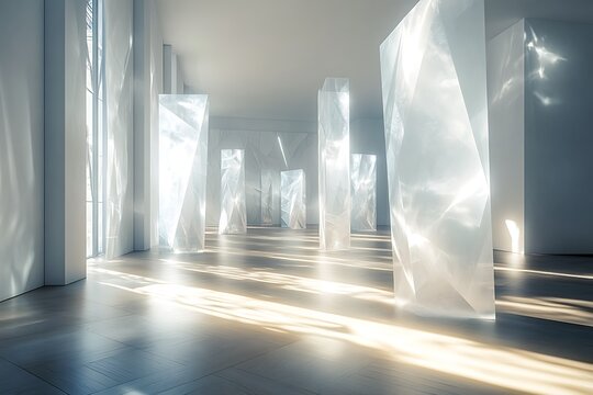 A futuristic art gallery with motion-sensitive light installations and geometric sculptures, highlighted by soft natural lighting and detailed shadows
