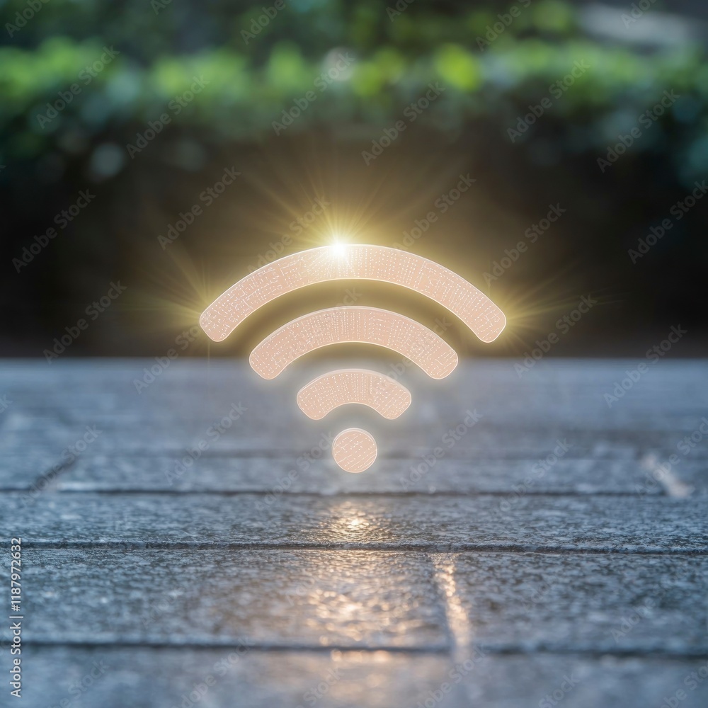 Poster glowing wifi symbol on pavement wireless network internet access technology concept