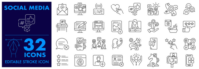 SSocial Media Editable Stroke icon set. Online community, media, website, blog, content, marketing and social network icons. and more Vector illustration icon set Social Media