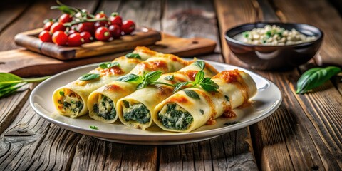 Fototapeta premium Scrumptious homemade ricotta spinach cannelloni: rustic Italian comfort food.