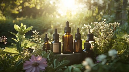 Essential Oils: Amber Bottles in a Sunlit Garden
