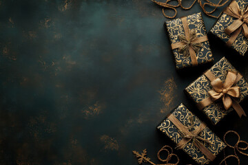 Naklejka premium Beautifully wrapped gifts with ornate ribbons arranged on a dark textured background