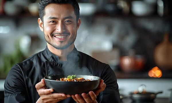 Smiling Asian Chef Proudly Presenting a Steaming Dish of Food