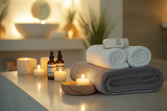A photostock of a luxurious spa setup with towels, candles, and essential oils. Concept spa photography.