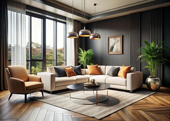 Fototapeta premium Sleek black walls, crisp white sofa, peach accent chair pop in this modern architectural photograph.