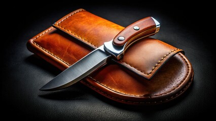 Sleek leather knife pouch, subtly shadowed against a dark backdrop.  Clean lines, sharp silhouette.