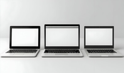 Fototapeta premium Three laptops, blank screens, studio, mockup