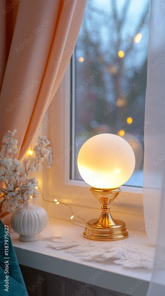 Poster elegant decorative lamp with a glowing orb placed on a windowsill with soft drapes and warm fairy li