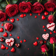 Valentines day greeting card, Happy valentines Day text with romantic hearts, red roses, chocolates