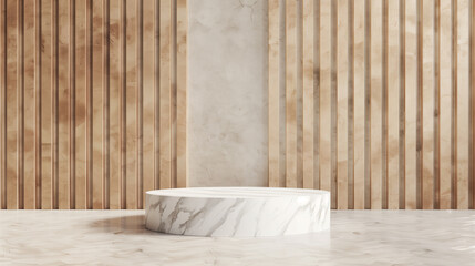 Elegant minimalist setup featuring a round marble pedestal on a glossy floor
