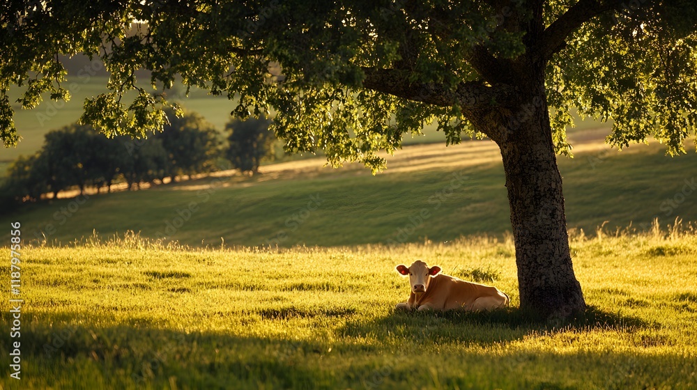 Poster cow resting underneath a large tree in a field