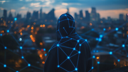 Fototapeta premium Hacker are planning to hack and attack networks and cyber security systems. Smart digital city with connection cyber security network reciprocity over the cityscape .