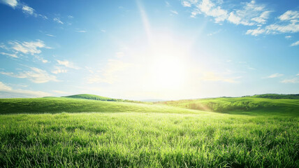 Obraz premium Serene Green Hills Landscape. Rolling hills, clear sky & sunlight beams. Eco-friendly & natural scene. Ideal for sustainable product marketing