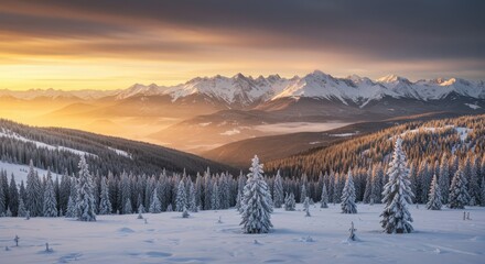 Fototapeta premium Winter mountain landscape, snow-covered peaks, sunrise over misty valleys, golden light, frosted pine trees, panoramic view, serene atmosphere
