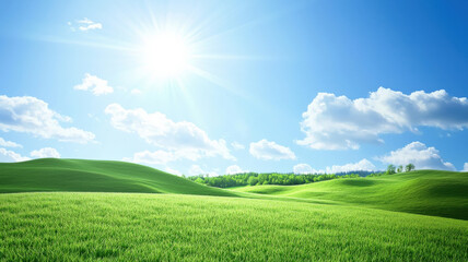 Fototapeta premium Serene Green Hills Landscape. Rolling hills, clear sky & sunlight beams. Eco-friendly & natural scene. Ideal for sustainable product marketing