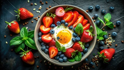 Sun-drenched berries and a perfectly poached egg, captured in a stunning long exposure breakfast bowl.