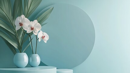 White orchids in blue vases against a teal background