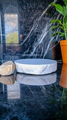 Minimalist Stone Podium Display  Empty Product Stand  Dark Marble Background  Nature Scene