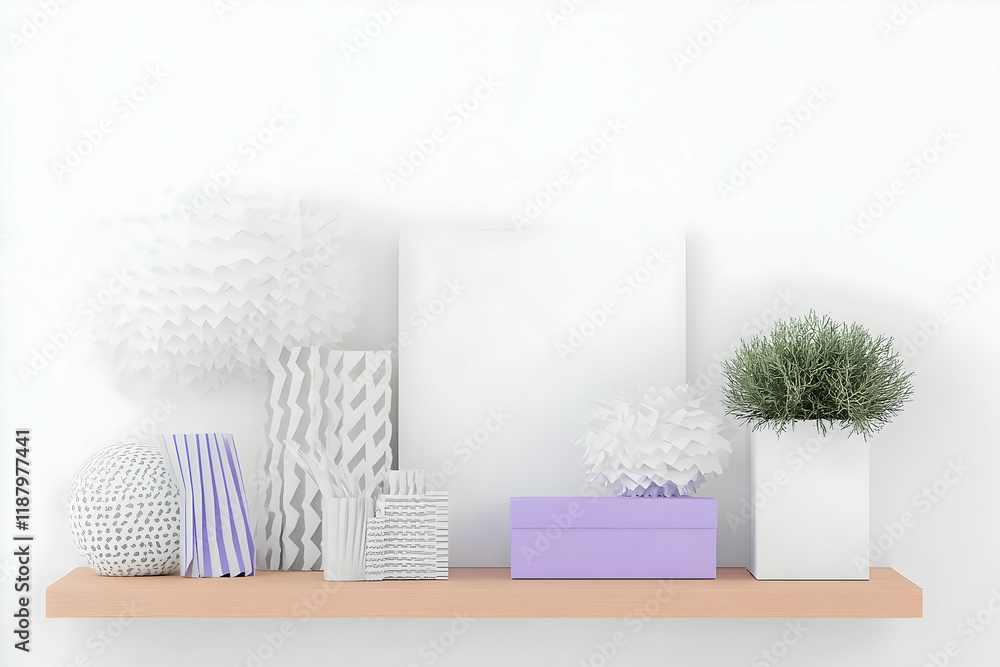 Poster minimalistic shelf display featuring decorative objects, plants, and a blank canvas on a light backg