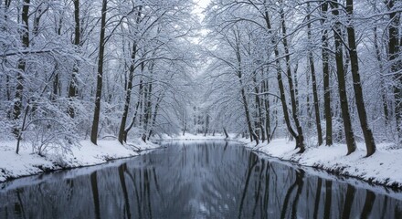 Winter landscape, snowy forest, frozen creek, bare tree branches covered in snow, reflections on water, serene atmosphere