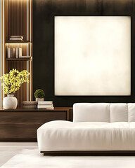 Modern living room interior featuring a white sofa, decorative plants, and a large blank canvas