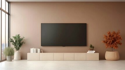 Modern living room interior featuring a large TV, stylish furniture, and decorative plants