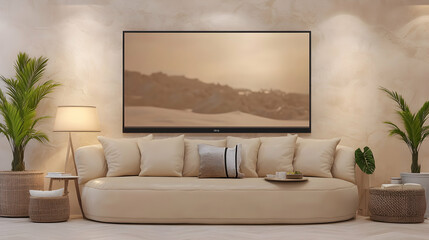 Modern living room with a beige sofa, ambient lighting, and a large TV displaying a serene landscape