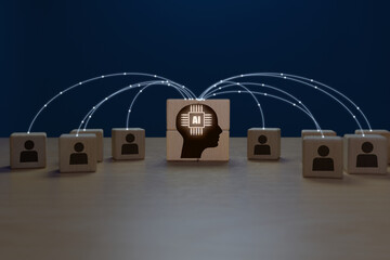 Artificial intelligence human icon connects AI brain icon network to improve human performance