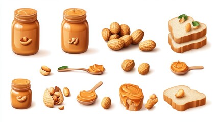 3d Peanut Butter in jam bottle,Peanut butter sandwiches or toasts on light table background,Breakfast,Vegetarian food,copy space.