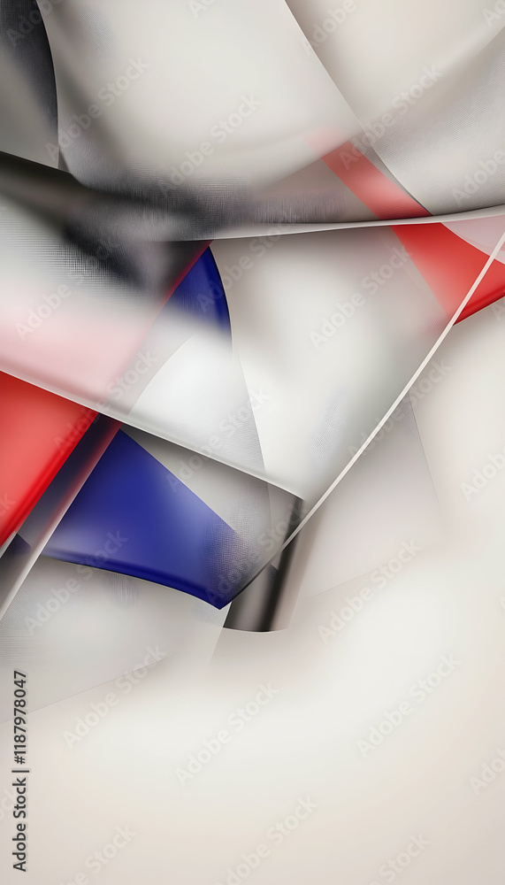 Poster abstract composition featuring flowing shapes in red, blue, and white, creating a dynamic visual eff