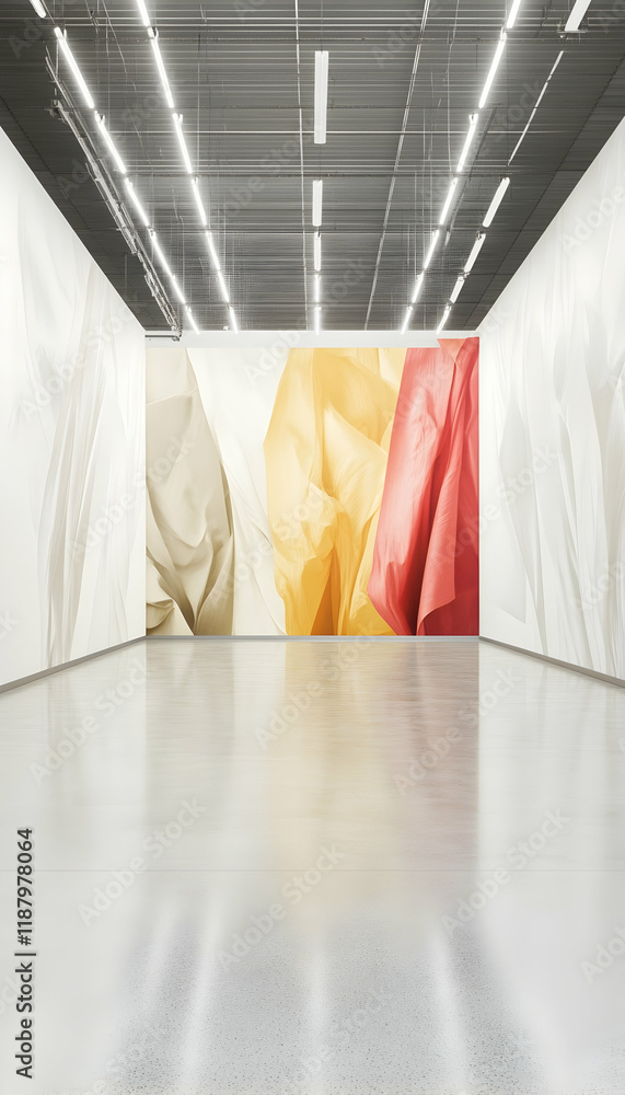 Poster abstract art installation featuring colorful draped fabric in a modern gallery setting