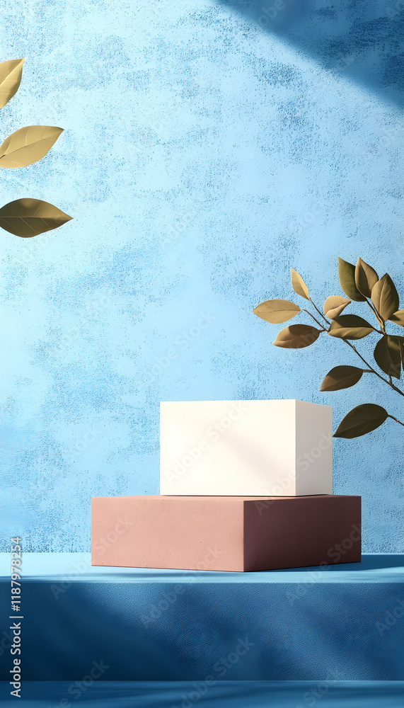 Poster minimalist display of geometric shapes on a blue background with leaves in soft lighting