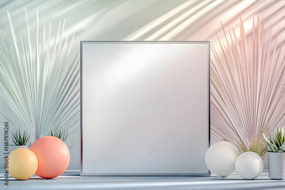 Poster minimalist display with a blank frame surrounded by decorative spheres and soft foliage