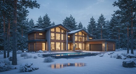 Modern luxury house winter scene