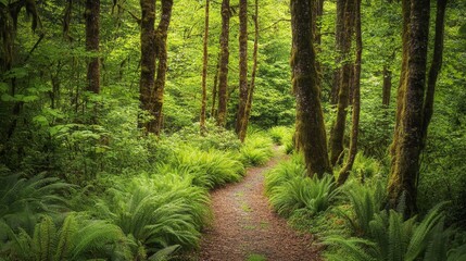 Obraz premium Lush green forest pathway with ferns and tall trees