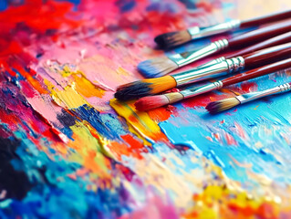 Obraz premium A painting with a variety of colors and brushes on a canvas
