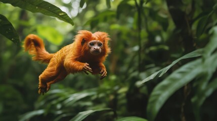 Obraz premium A beautiful golden lion tamarin leaping through the lush Brazilian rainforest, its vibrant orange fur standing out against the green foliage.