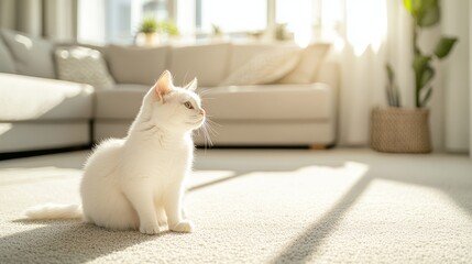 Playful white cat relaxing in sunlit living room