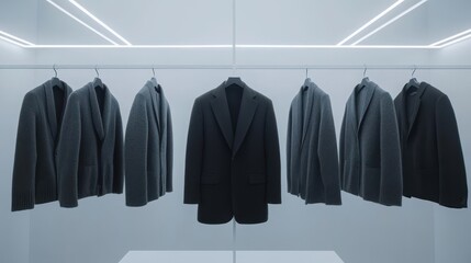 Black and white fashion pieces on black hangers in luxury store stylish clothing rack display,modern fashion blog aesthetic,Business fashion,social media,shopping mall,sale online,Fashion blog.