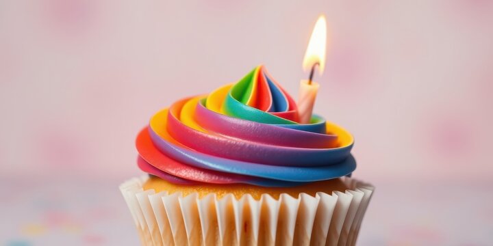 A single cupcake with rainbow frosting and a lit candle, a celebration of joy and sweetness