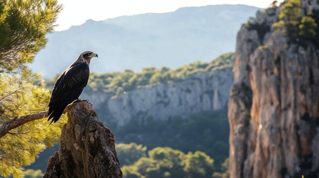 A black kite perched on a tree near Monfrag Salto del Gitano cliffs, the dramatic scenery adding to its majesty.