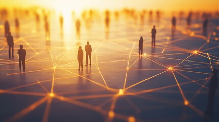 Silhouettes of diverse adults connected by glowing network at sunrise