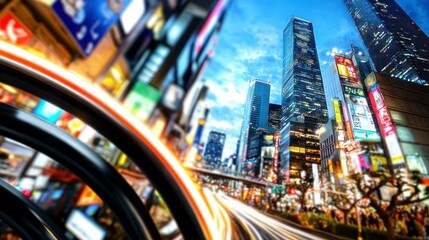 Obraz premium Futuristic Cityscape Night Lights Skyscrapers Traffic Trails