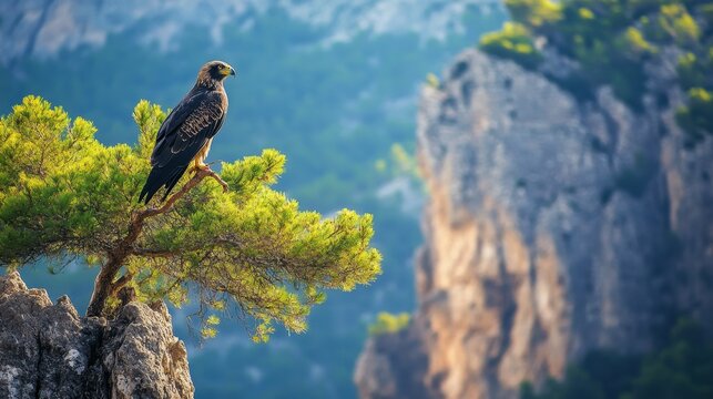 A black kite perched on a tree near Monfrag Salto del Gitano cliffs, the dramatic scenery adding to its majesty.