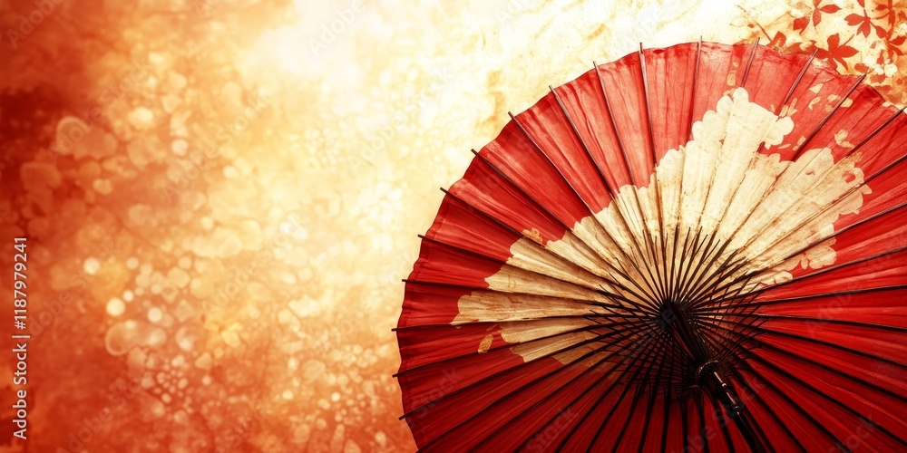 Aufkleber elegant red umbrella with intricate patterns against a warm golden background highlighting soft blur